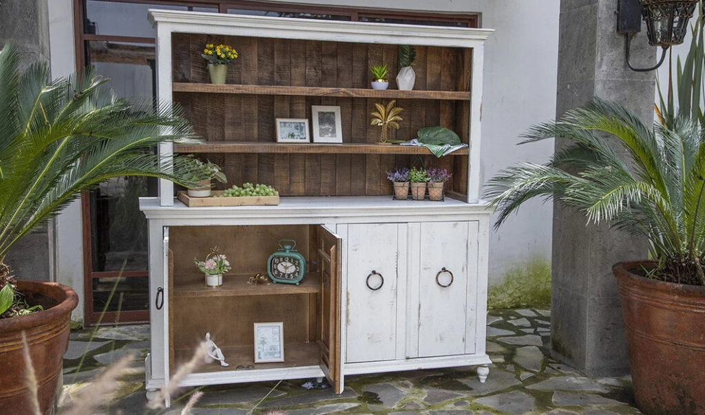 Elegant rustic china cabinet with glass doors and ample storage.