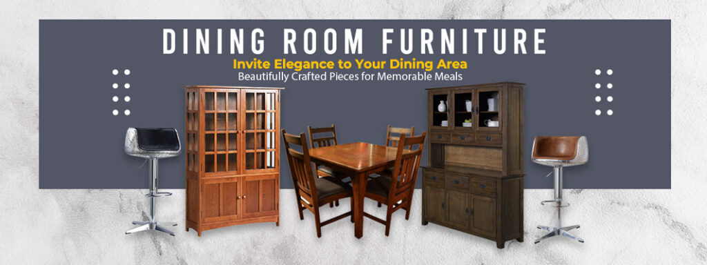 Breakfase table room sets - Dining room furniture display featuring a wooden dining table set, cabinets, and bar stools with the text 'Dining Room Furniture: Invite Elegance to Your Dining Area