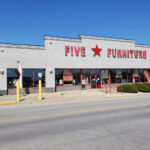 Five Star Furniture Stores Chicago showcasing a wide range of modern couches, patio furniture, and office furniture at their Arlington Heights, Oak Lawn, and Burbank locations.